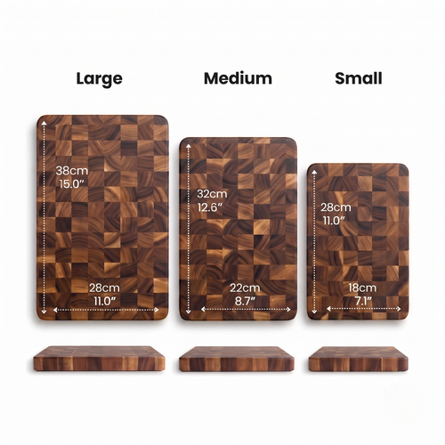 BoardMere acacia cutting board set dimensions: small 28x18, medium 32x22, large 38x28 cm